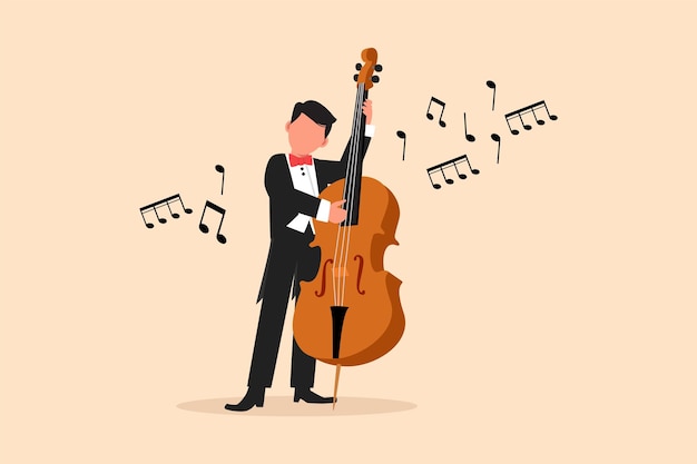 Vecteur dessin animé plat d'affaires contrebassiste debout avec grand instrument à cordes homme musicien jouant de la musique classique avec les doigts contrebassiste professionnel illustration vectorielle de conception graphique