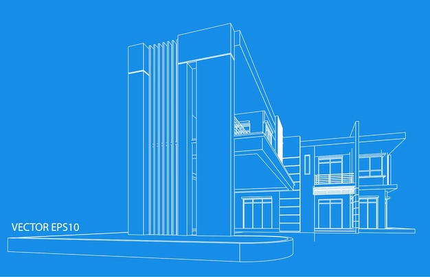 Vecteur un dessin d'un bâtiment avec un fond bleu avec une maison dans le coin