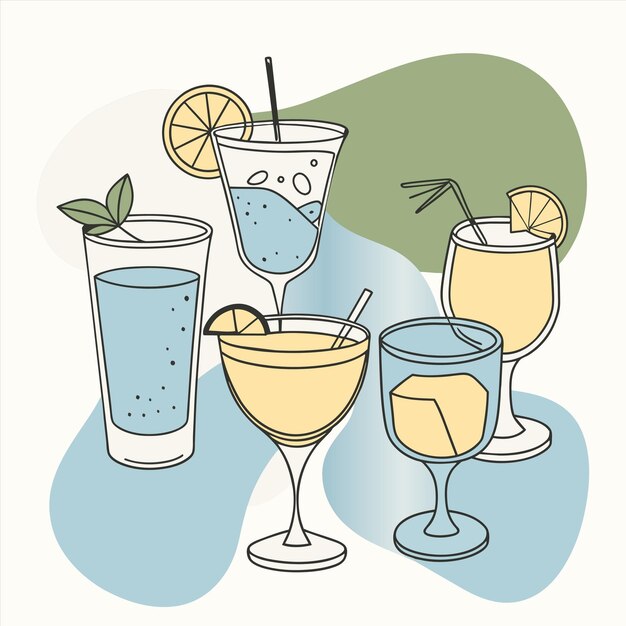 Vecteur un dessin de boissons avec un fond vert avec une image de limonade et de cocktails