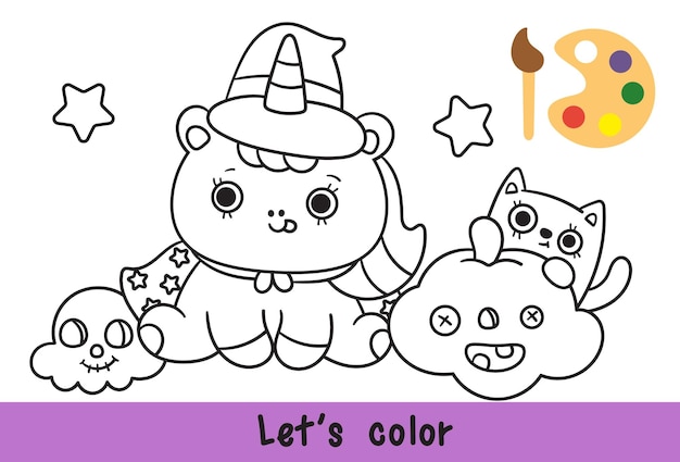 Vecteur le dessin de chat à colorier d'halloween avec un mignon dessin animé de licorne kawaii et un skul effrayant