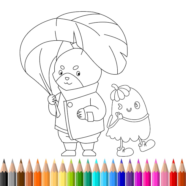 Vecteur un dessin d'un couple de canards avec un parapluie et un personnage de dessin animé