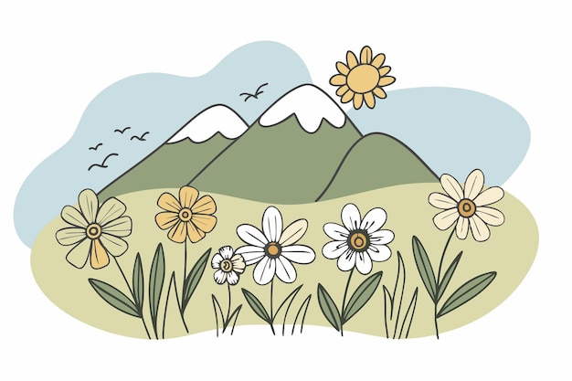 Vecteur un dessin de fleurs et d'herbe avec une montagne en arrière-plan