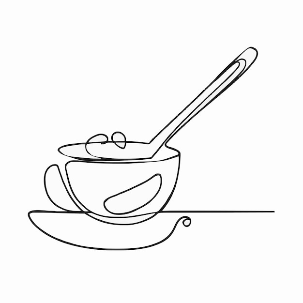 un dessin en noir et blanc d'un bol de soupe avec une cuillère dedans