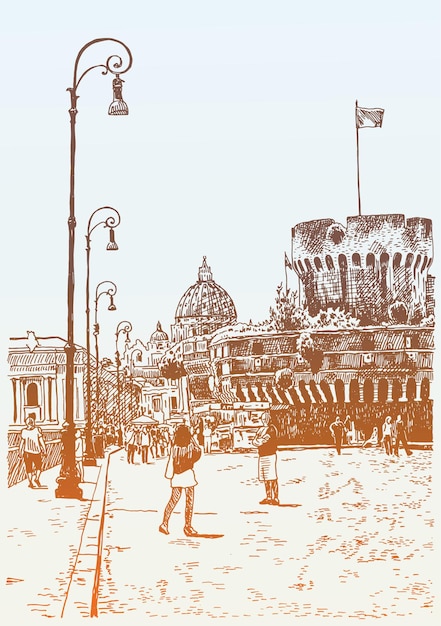 Dessin original à la main du paysage urbain avec la forteresse de Sant'Angelo à Rome, Italie, illustration vectorielle