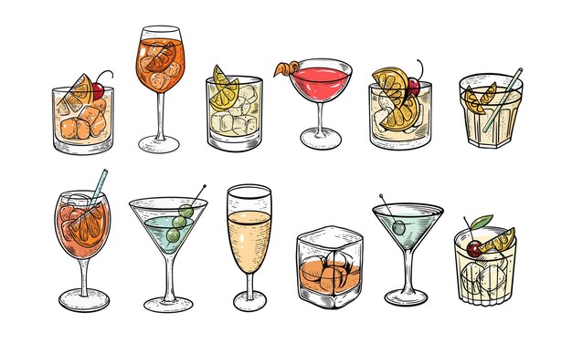 Vecteur un dessin d'une variété de verres à alcool avec un qui dit "bar" dessus