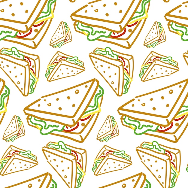 Vecteur dessin vectoriel sans couture avec dessin à la main couleur sandwich linéaire beaux éléments de design alimentaire idéal