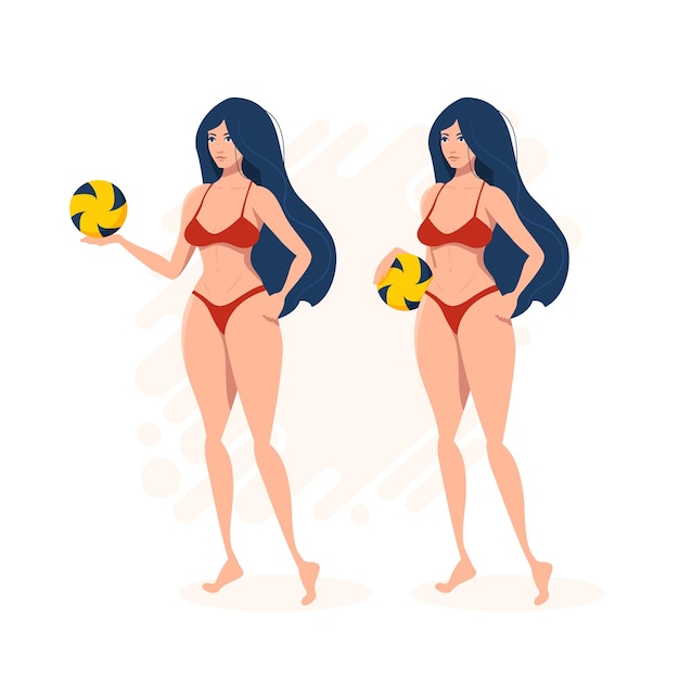 Vecteur deux poses d'une fille en bikini avec un ballon de volley-ball illustration vectorielle