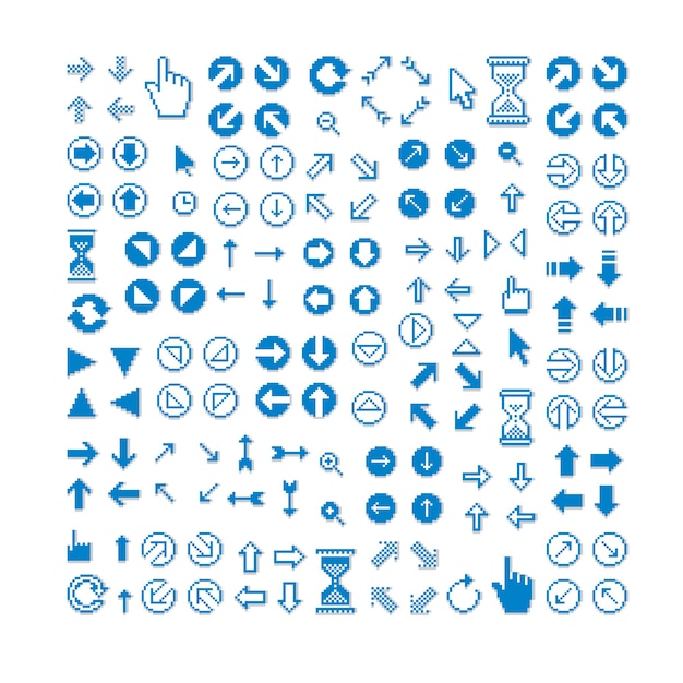 Différentes flèches vectorielles, icônes de pixel isolées, collection d'éléments graphiques 8 bits. Panneaux de direction numériques simplistes, icônes Web.