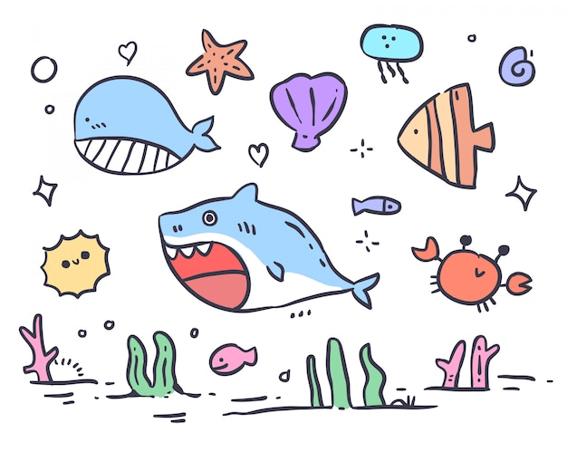 Doodle de mer animaux dessinés à la main