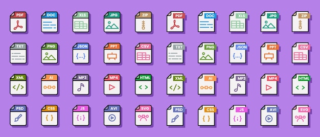Vecteur dossier de format de fichier de document pdf doc xls jpg zip txt png json ppt csv xml ai mp3 mp4 html psd css js