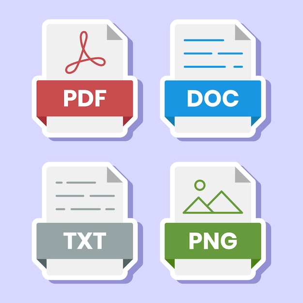 Vecteur dossier de format de fichier de document pdf doc xls jpg zip txt png json ppt csv xml ai mp3 mp4 html psd css js