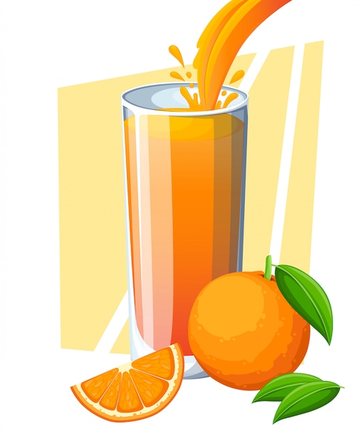 Vecteur du jus d'orange. boisson aux fruits frais en verre. smoothies à l'orange. le jus coule et éclabousse dans un verre plein. illustration sur fond blanc. page du site web et application mobile