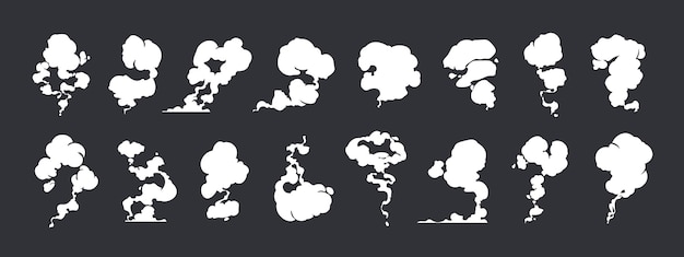 Effet de poussière comique Sentiers de fumée et de vapeur de dessin animé sprite animation cloud fumée et bouffée motion jeu actif Vector collection de silhouettes de vapeur et d'explosion de café