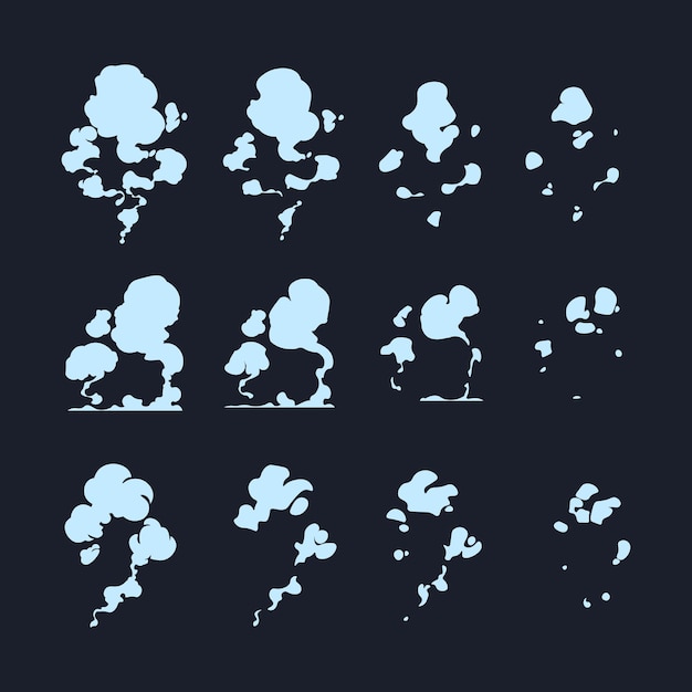 Effet de sprite de fumée Dessin animé nuage de poussière jeu animation atout souffle de vapeur et dissipation du brouillard Cadres graphiques 2D Explosion comique vectorielle