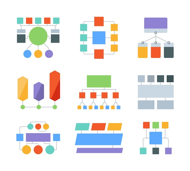 Éléments d'organigramme Modèles d'infographie Diagrammes de processus métier Formes de graphique de flux de travail avec place pour le jeu de vecteurs criards de texte