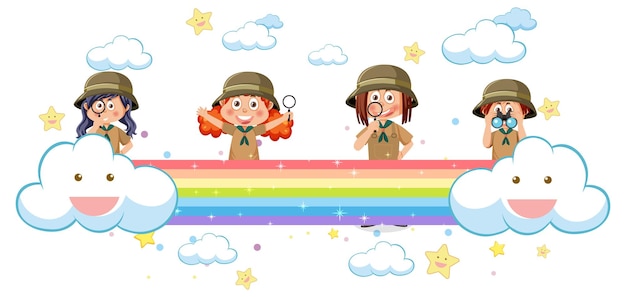 Enfants sur arc-en-ciel en style cartoon