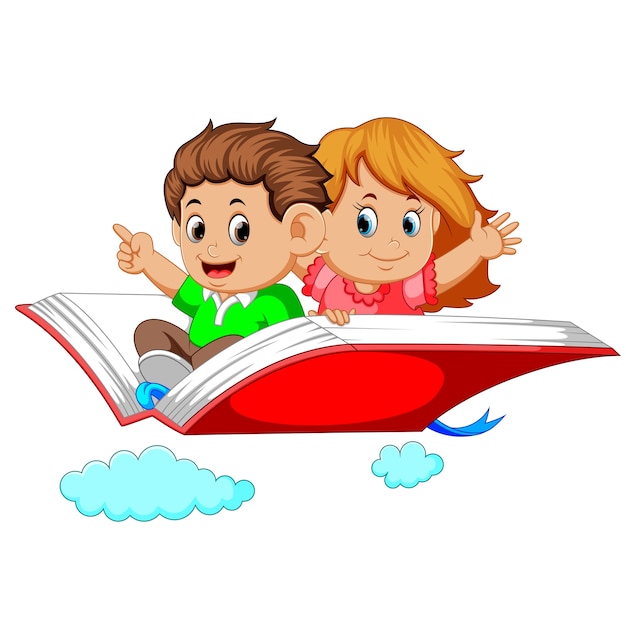 enfants heureux volant sur grand livre ouvert