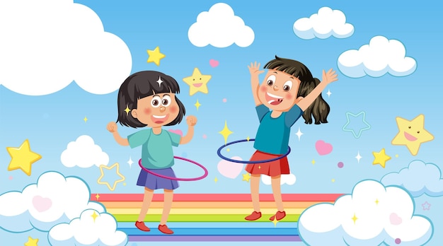 Enfants jouant au hulahoop sur arc-en-ciel dans le ciel