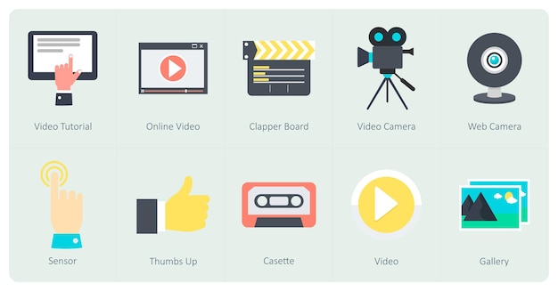 Vecteur un ensemble de 10 icônes de communication en tant que tutoriel vidéo en ligne vidéo clapper board