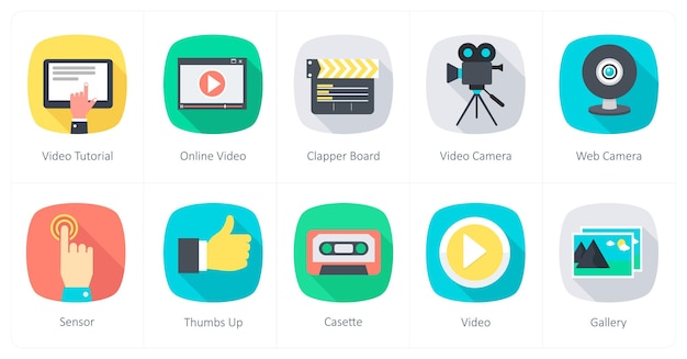 Vecteur un ensemble de 10 icônes de communication en tant que tutoriel vidéo en ligne vidéo clapper board