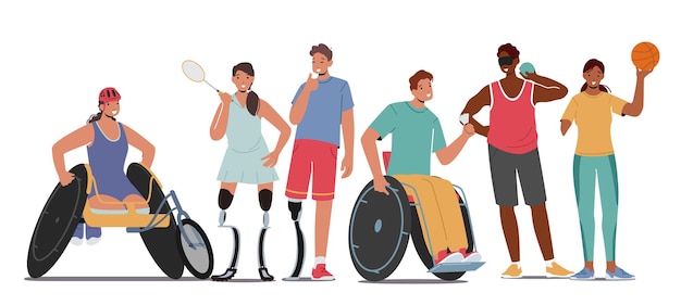 Ensemble d'athlètes paralympiques Handicapés Sportifs et Sportives Personnages sur fauteuil roulant Prothèse de jambe bionique Bras amputé Jeunes hommes ou femmes avec des blessures corporelles Cartoon People Vector Illustration