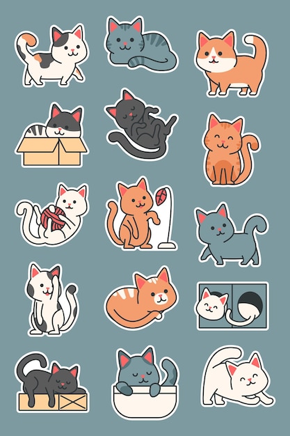 Ensemble d'autocollants d'illustration de chat mignon