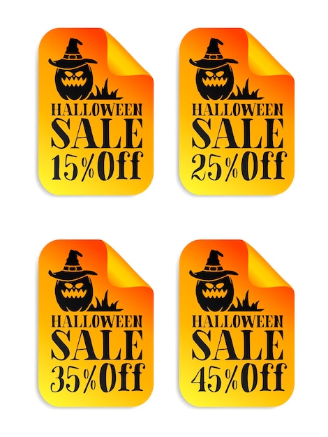 Ensemble d'autocollants orange de vente d'Halloween Citrouille avec chapeau de sorcière Vente d'Halloween 15 25 35 45 off