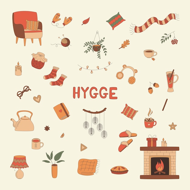 Vecteur ensemble de choses douillettes hygge un fauteuil une cheminée des vêtements chauds des boissons chaudes une tarte des feuilles d'automne et plus encore