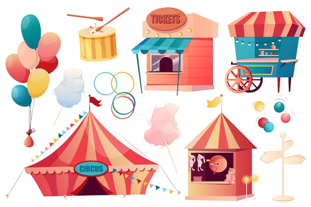 Ensemble de cirque éléments graphiques au design plat Lot de stands avec billets kiosque de nourriture ballons pointeur de barbe à papa galerie de tir carnaval cirque chapiteau illustration vectorielle objets isolés