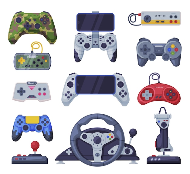 Vecteur ensemble de contrôleurs de consoles de jeux joueurs de jeux vidéo accessoires dispositifs illustration vectorielle