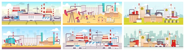 Ensemble de couleurs plates pour sites industriels. Raffinerie de pétrole, centrale nucléaire et usine de fabrication Paysages de dessins animés 2D. Installations pour l'extraction et l'exploitation des ressources naturelles.