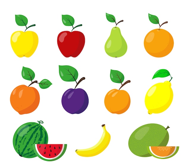 Ensemble de différents fruits. Icônes de fruits sur fond blanc. illustration.