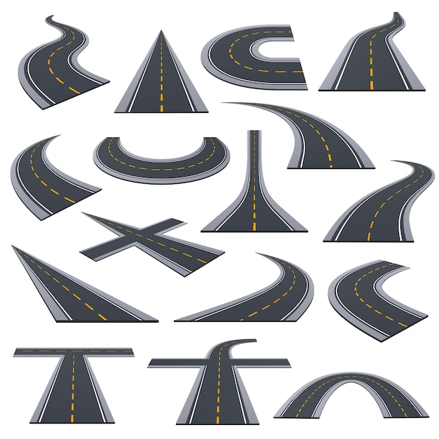 Ensemble de différents types de routes asphaltées, piste, autoroutes, routes de voiture avec virages, montées, virages.