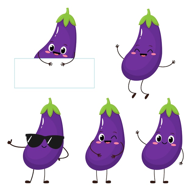 Ensemble d'emoji de dessin animé mignon aubergine heureux