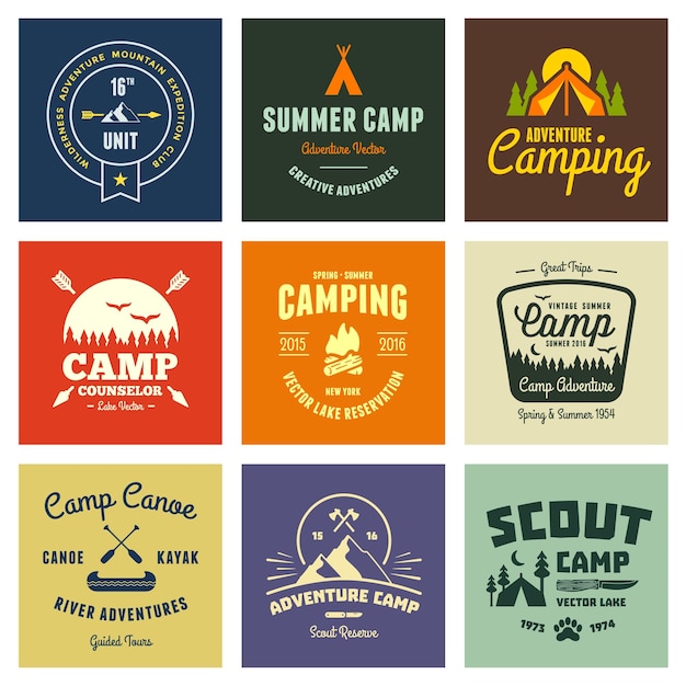 Ensemble d'étiquettes et de graphiques de camp vintage rétro