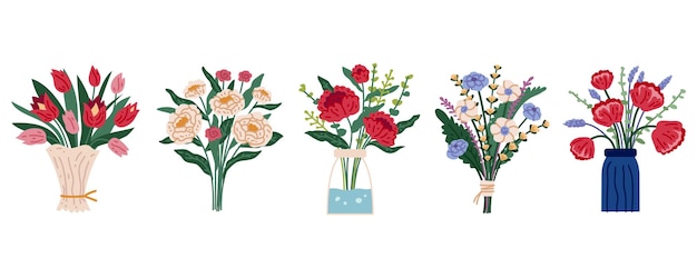 Vecteur ensemble de fleurs printanières lumineuses dans des vases et des bouteilles isolées