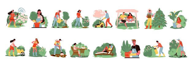 Vecteur ensemble d'icônes de jardinage isolées avec des images d'arbres et de buissons avec des personnages humains et des instruments illustration vectorielle