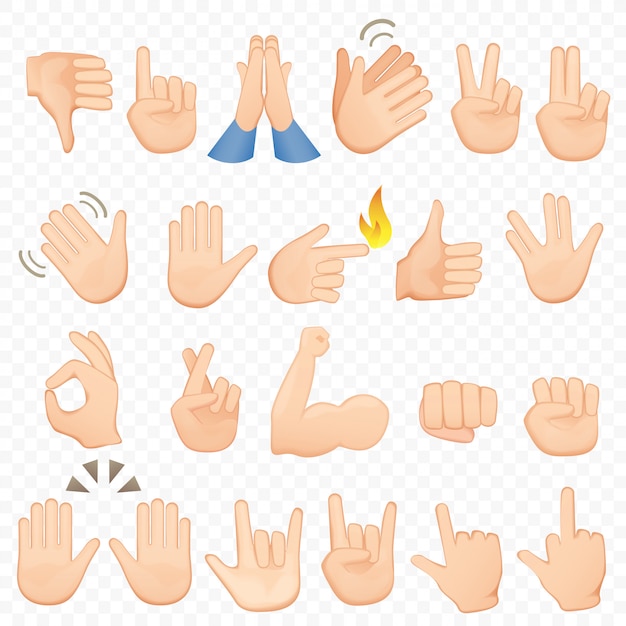 Vecteur ensemble d'icônes et symboles de mains de dessin animé. icônes de main emoji. différentes mains, gestes, signaux et signes, collection d'illustrations