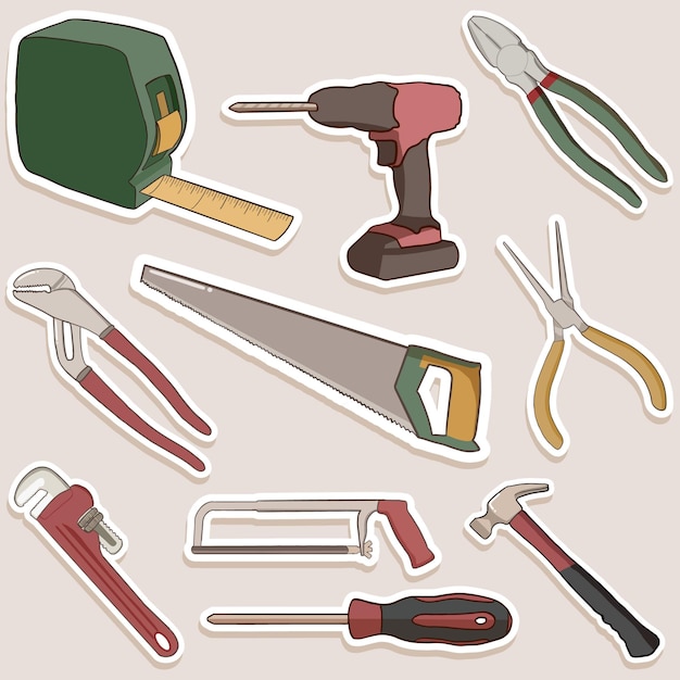 Ensemble d'illustration d'autocollant mignon d'outils de bricoleur