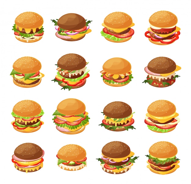 Vecteur ensemble d'illustration de hamburger isométrique, dessin animé 3d frais hamburgers différents pour jeu d'icônes de menu de restauration rapide isolé sur blanc