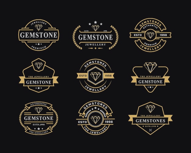 Ensemble d'insignes rétro vintage pour l'art de la ligne de luxe Diamond Gem Jewelry Logo Emblem Design Symbol