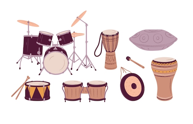 Vecteur ensemble d'instruments de musique rythmique à percussion de différents types kit de batterie avec cymbales gong et bâton bongo africain djembe en bois et suspension en métal illustration vectorielle plane isolée sur fond blanc