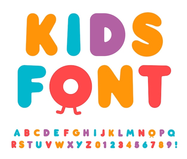 Ensemble de lettres et de chiffres pour enfants. Alphabet de style audacieux de dessin animé. Police enfantine pour événements, promotions, logos, bannière, monogramme et affiche. Conception de typographie vectorielle.