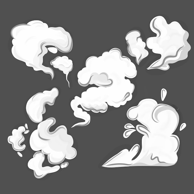 Ensemble de nuages blancs stylisés. Jeu de bande dessinée de nuage de fumée blanche. Explosion de poussière comique vitesse du jeu de sprite à vapeur