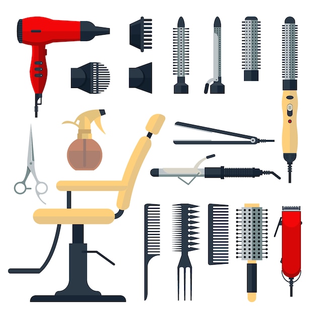 Ensemble d'objets de coiffeur dans un style plat isolé sur fond blanc. Icônes de logo d'équipement et d'outils de salon de coiffure, sèche-cheveux, peigne, ciseaux, chaise, tondeuse à cheveux, curling, lisseur