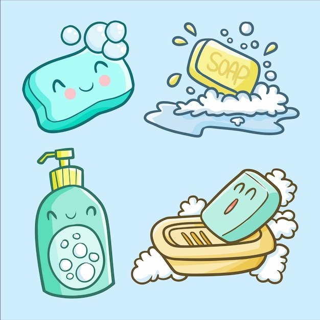 Vecteur ensemble de savon kawaii mignon pour le jour du lavage des mains