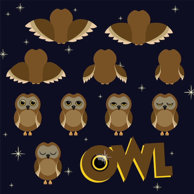 Vecteur ensemble de sprite de personnage mignon hibou marron