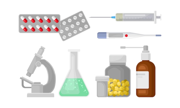 Vecteur ensemble de vecteurs de matériel médical différents médicaments et outils utilisés dans l'environnement médical objets pour le traitement humain concept