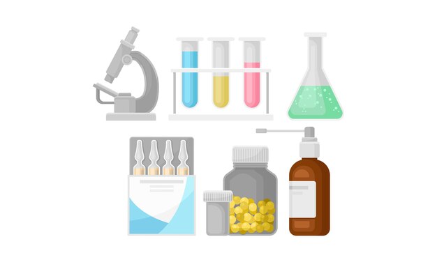 Vecteur ensemble de vecteurs de matériel médical différents médicaments et outils utilisés dans l'environnement médical objets pour le traitement humain concept