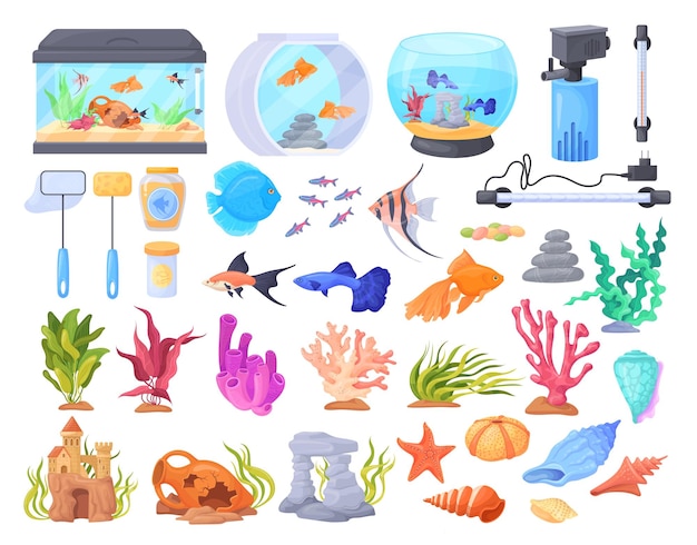 Vecteur équipement d'aquarium éléments aquatiques décorations sous-marines pour aquarium poissons d'eau douce filtre pour animaux de compagnie réservoir d'eau récif pierre algues coquilles château illustration vectorielle de l'équipement de poisson d'aquarium